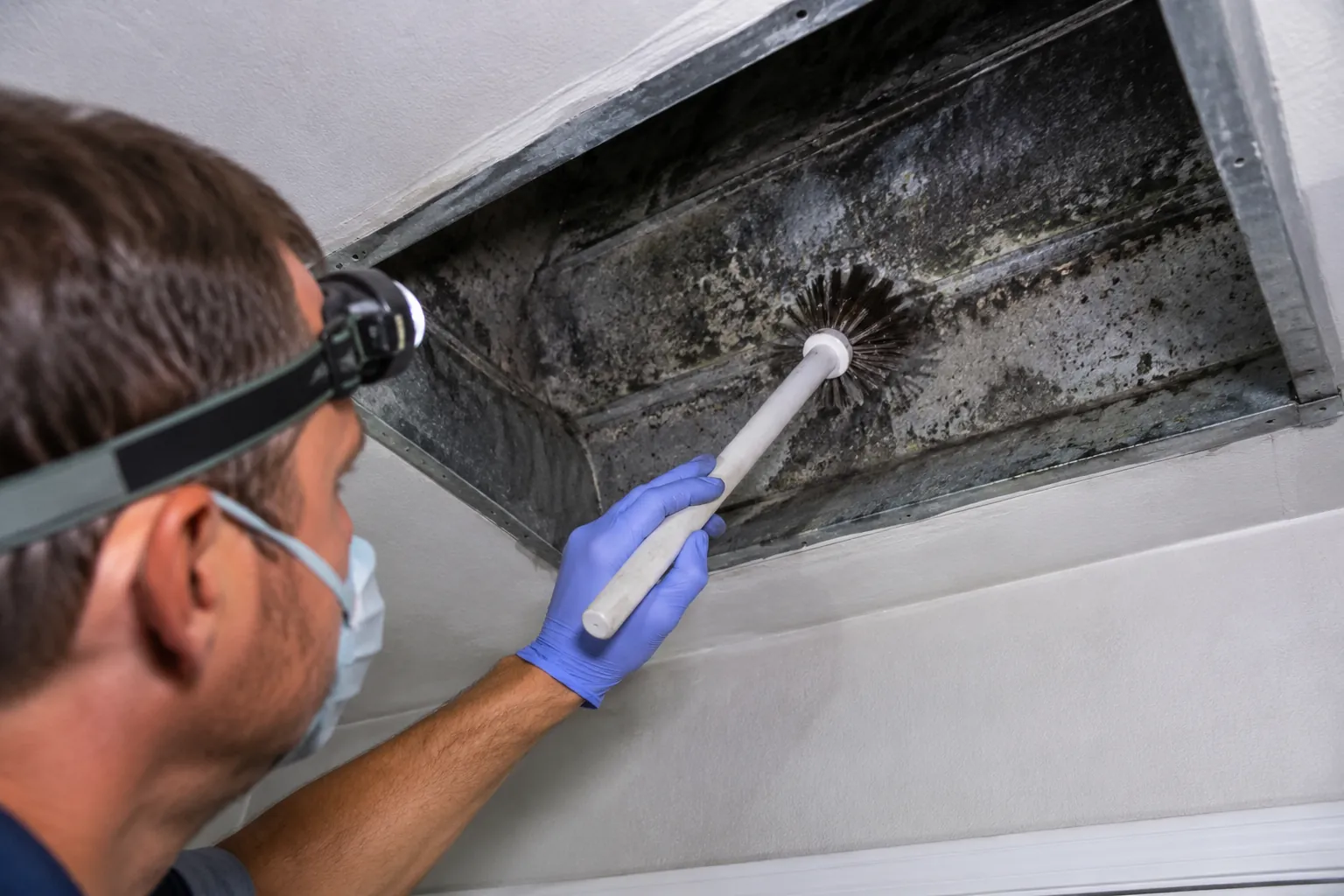 A professional technician wearing a mask and headlamp while using a specialized brush to perform mold remediation inside a residential air duct in Los Angeles.