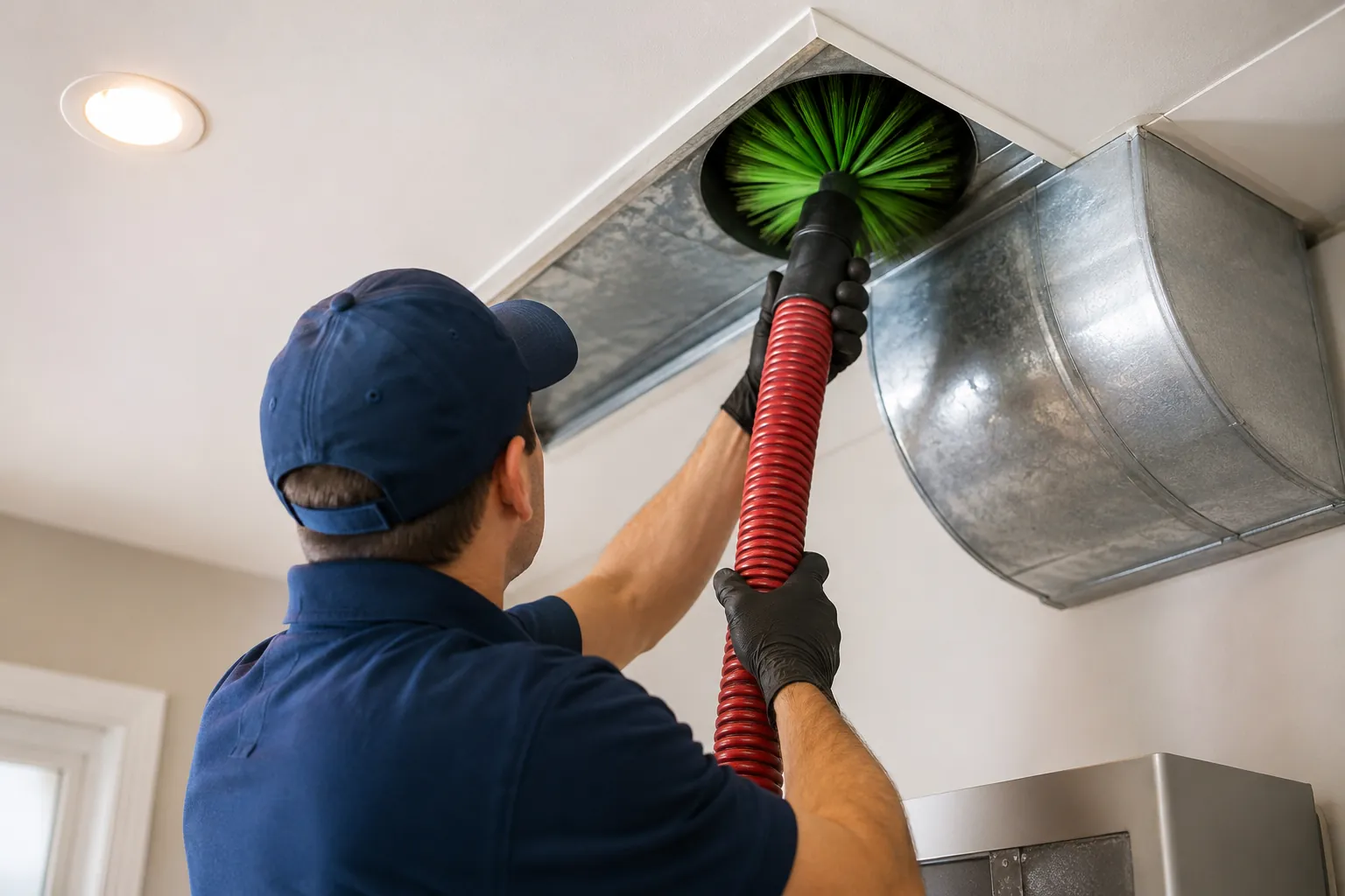A professional technician using a high-powered rotary brush and vacuum system to clean furnace ductwork in a Los Angeles home.