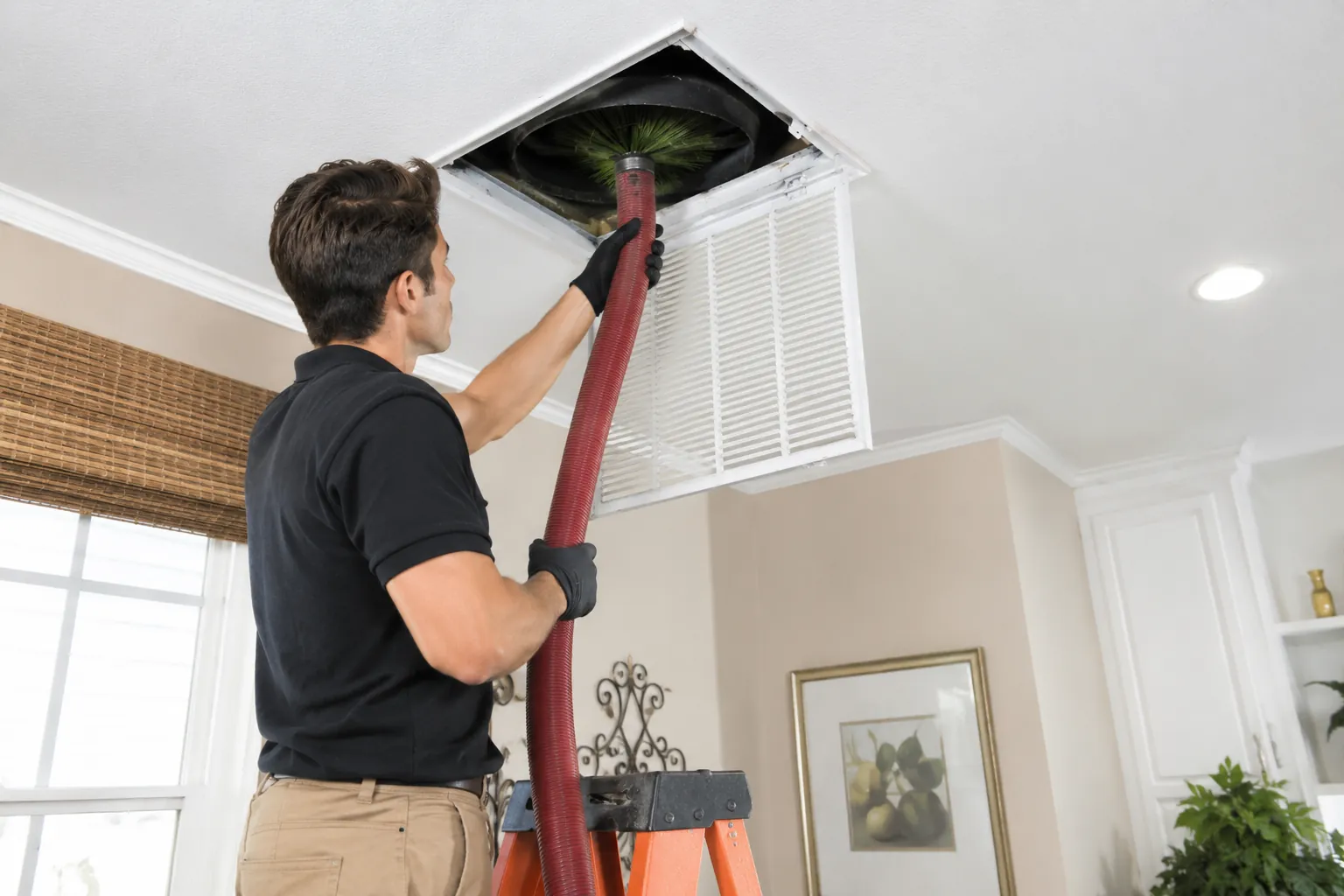 Professional technician using a high-powered vacuum and rotary brush system for residential air duct cleaning in a Los Angeles home to improve indoor air quality.