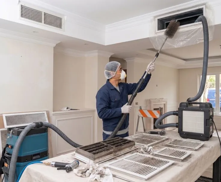 Professional technician performing post-construction air duct cleaning in a Los Angeles home to remove drywall dust and debris using a HEPA vacuum and rotary brush system.