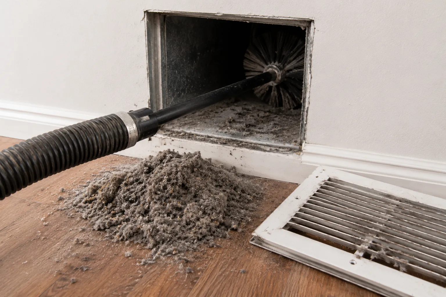Deep cleaning of a residential air duct in Los Angeles using a specialized rotary brush to extract a large pile of dust, pet hair, and debris for cleaner indoor air.