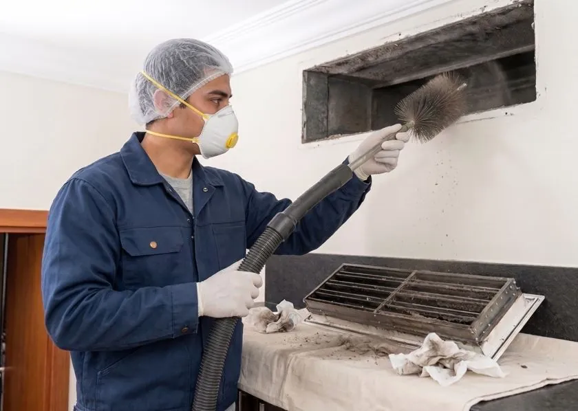 Professional technician in protective gear performing deep air duct cleaning and soot removal in a Los Angeles home to improve indoor air quality.