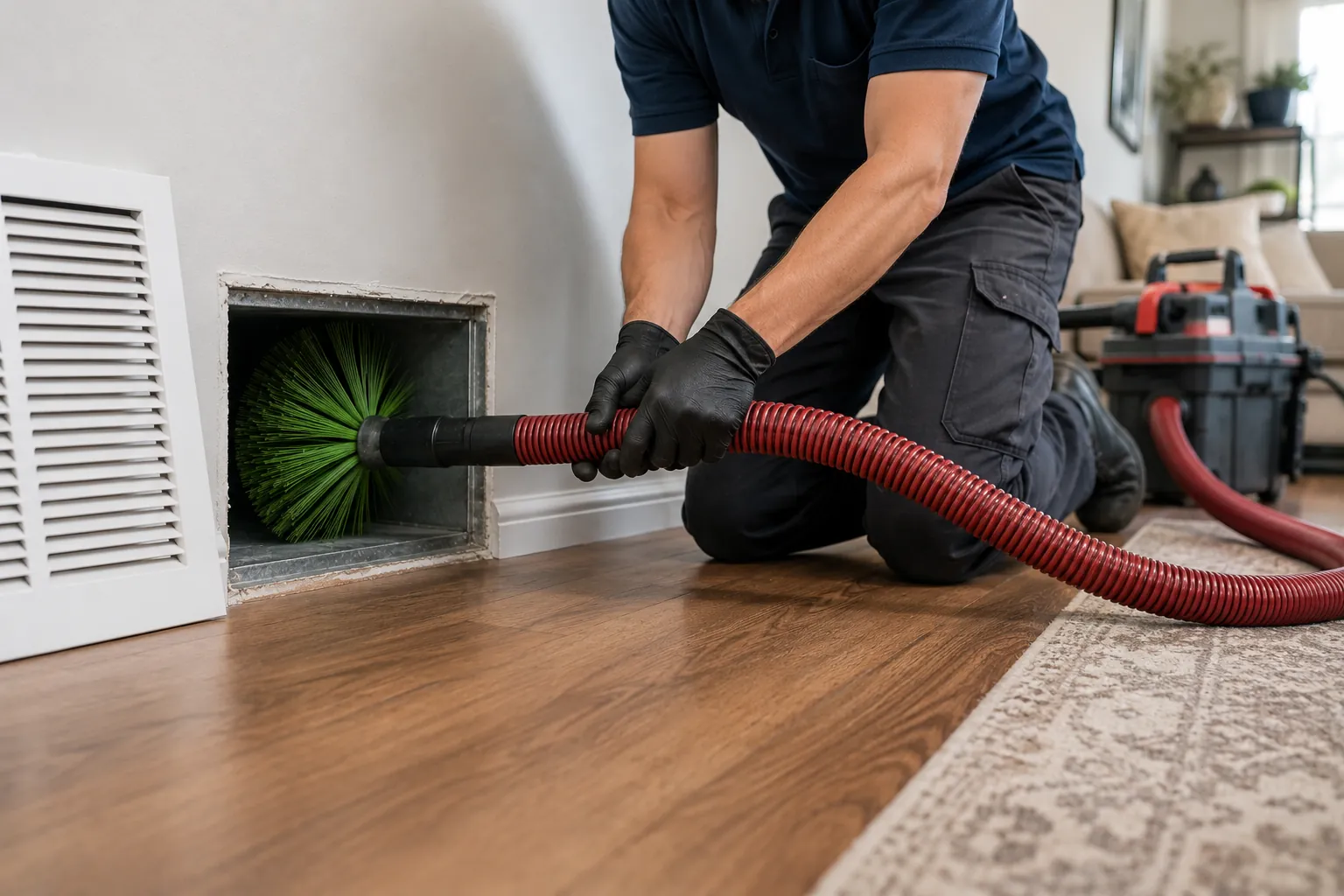 A professional technician cleaning a residential furnace wall vent in Los Angeles using a specialized rotary brush and industrial vacuum system to improve indoor air quality.