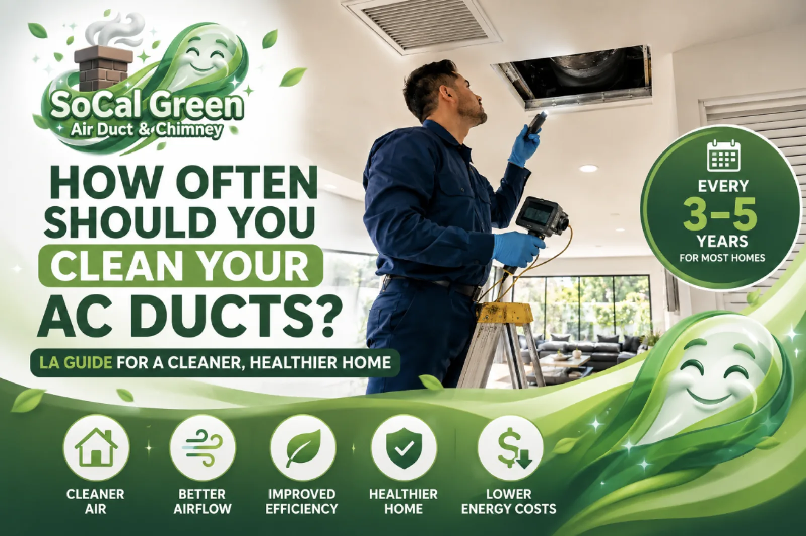 HVAC technician inspecting residential AC air ducts in a Los Angeles home with SoCal Green Air Duct & Chimney branding, illustrating how often AC ducts should be cleaned.