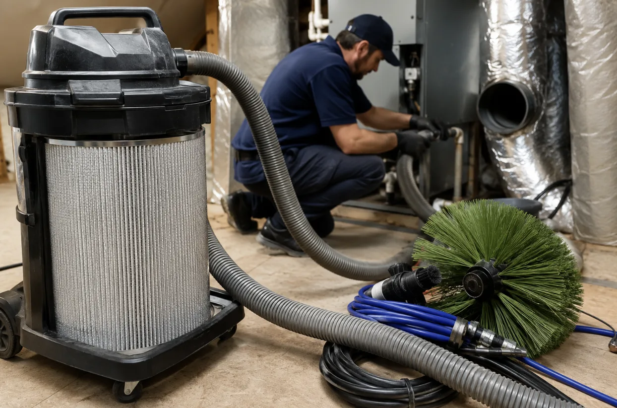 Professional AC duct cleaning equipment including a HEPA-filtered negative air vacuum, flexible hoses, rotary brush tools, and air whips connected to residential HVAC ductwork, with an HVAC technician preparing the system for cleaning.