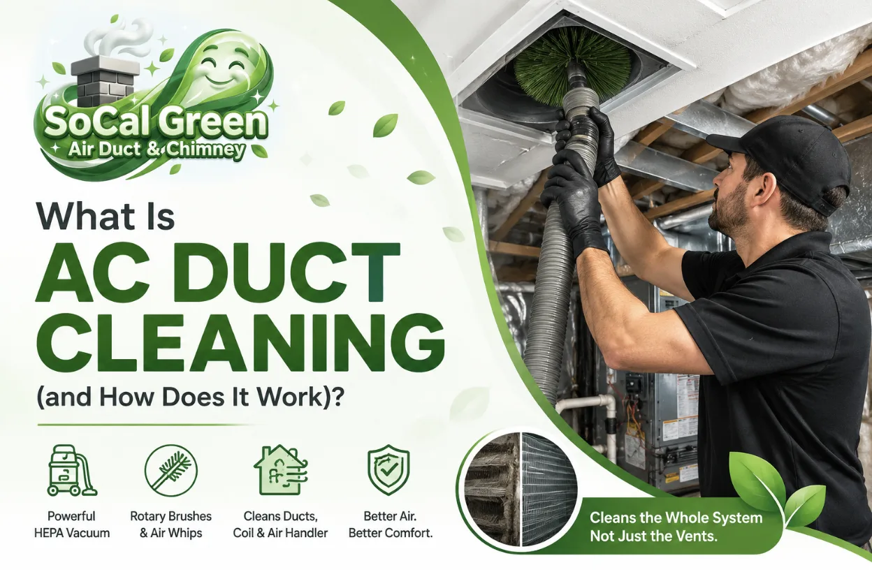 Professional HVAC technician cleaning an AC air duct with a rotary brush and HEPA vacuum during a full duct cleaning service, with SoCal Green Air Duct & Chimney branding.