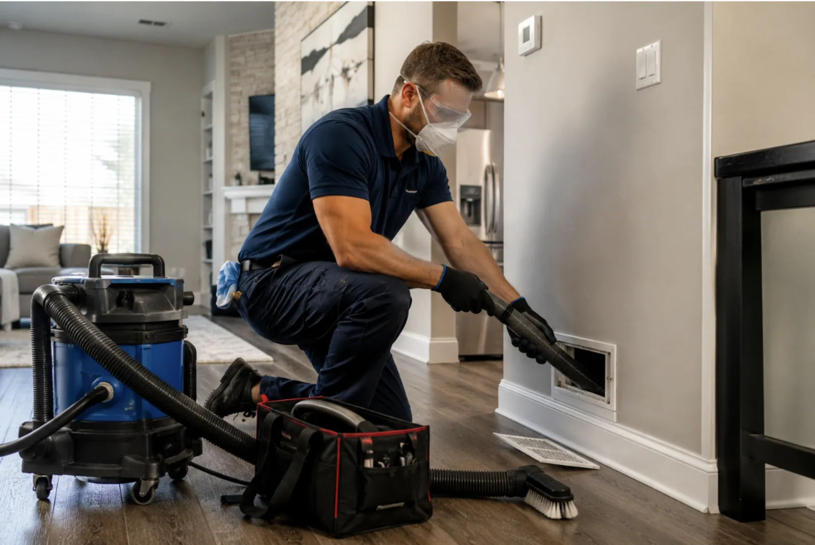 Professional HVAC technician cleaning residential air ducts to improve AC airflow and energy efficiency