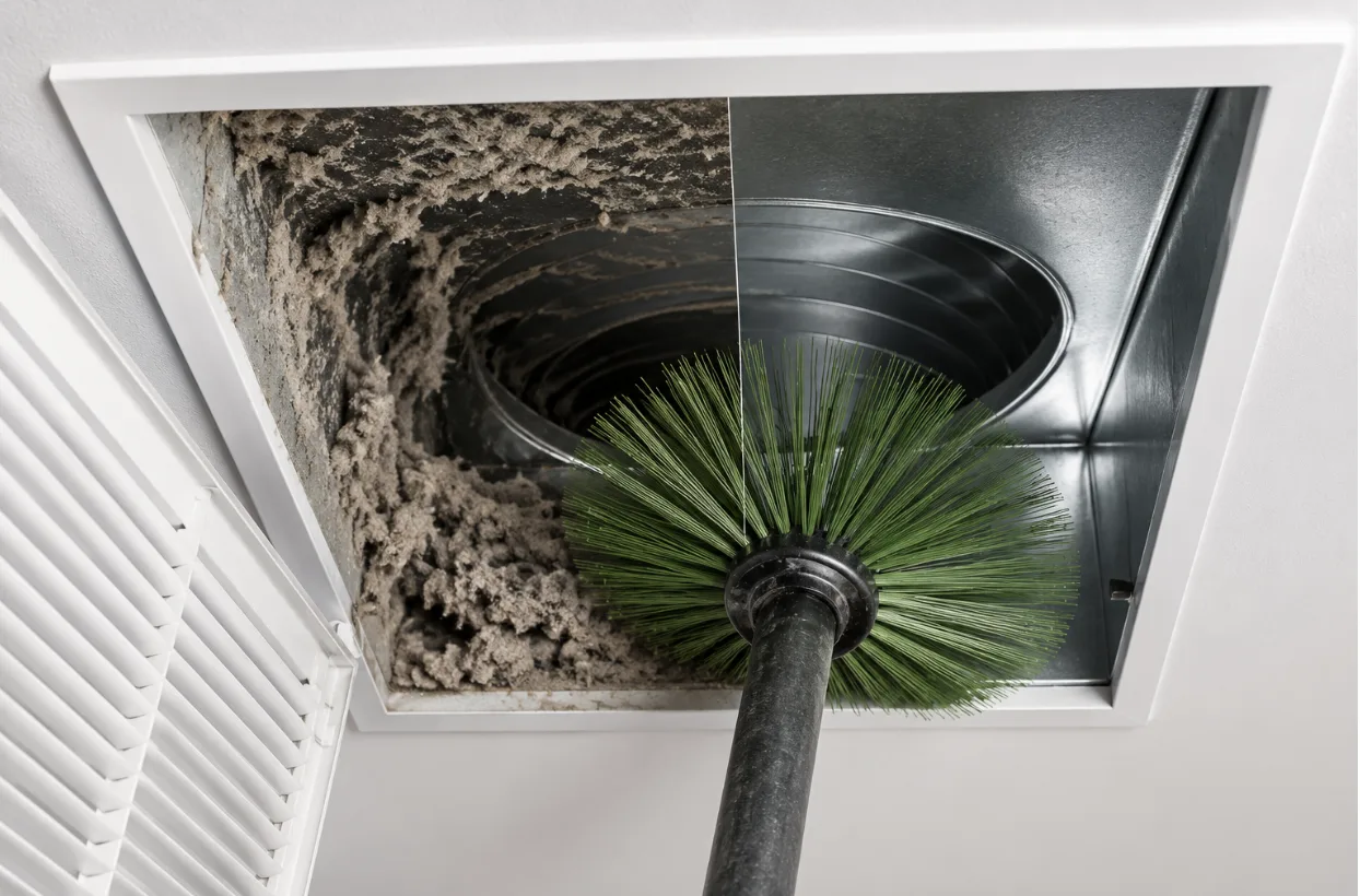 Before and after air duct cleaning showing heavy dust buildup removed from residential HVAC ductwork.