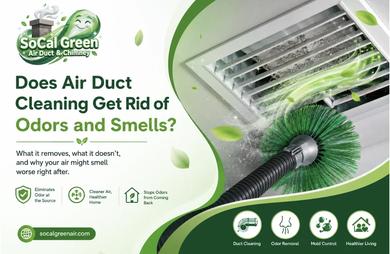 Professional air duct cleaning removing dust and odor-causing buildup from an HVAC vent, showing how air duct cleaning helps eliminate musty smells, smoke residue, and indoor odors.