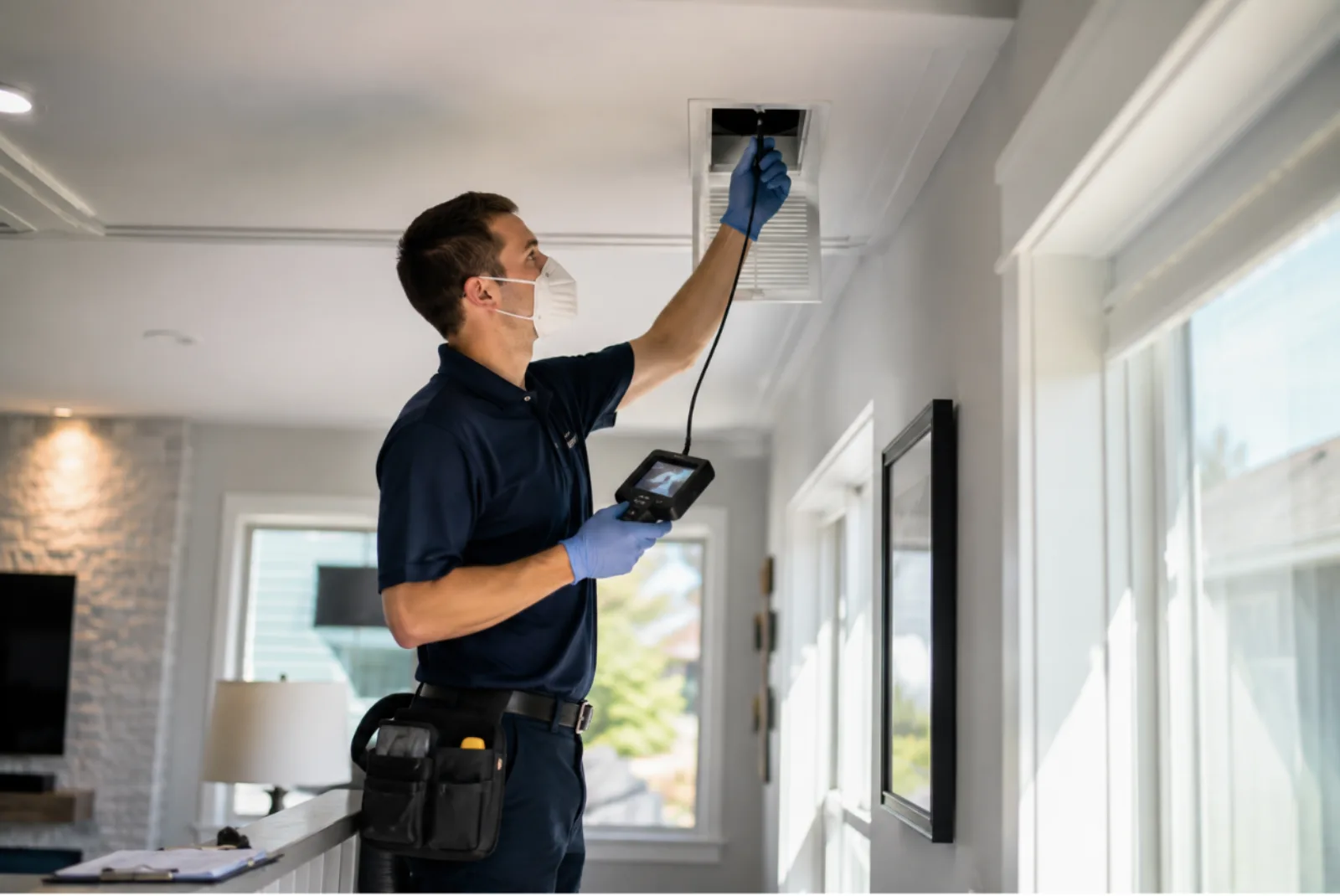 Technician inspecting residential air duct system during professional HVAC cleaning service in modern home