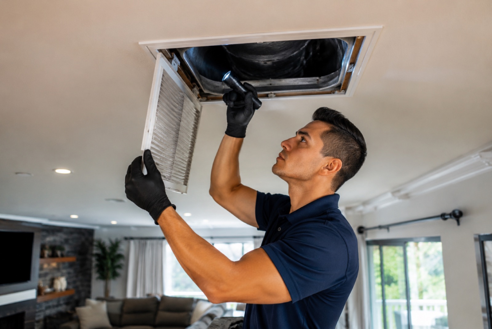 Professional inspecting residential air ducts in a Los Angeles home