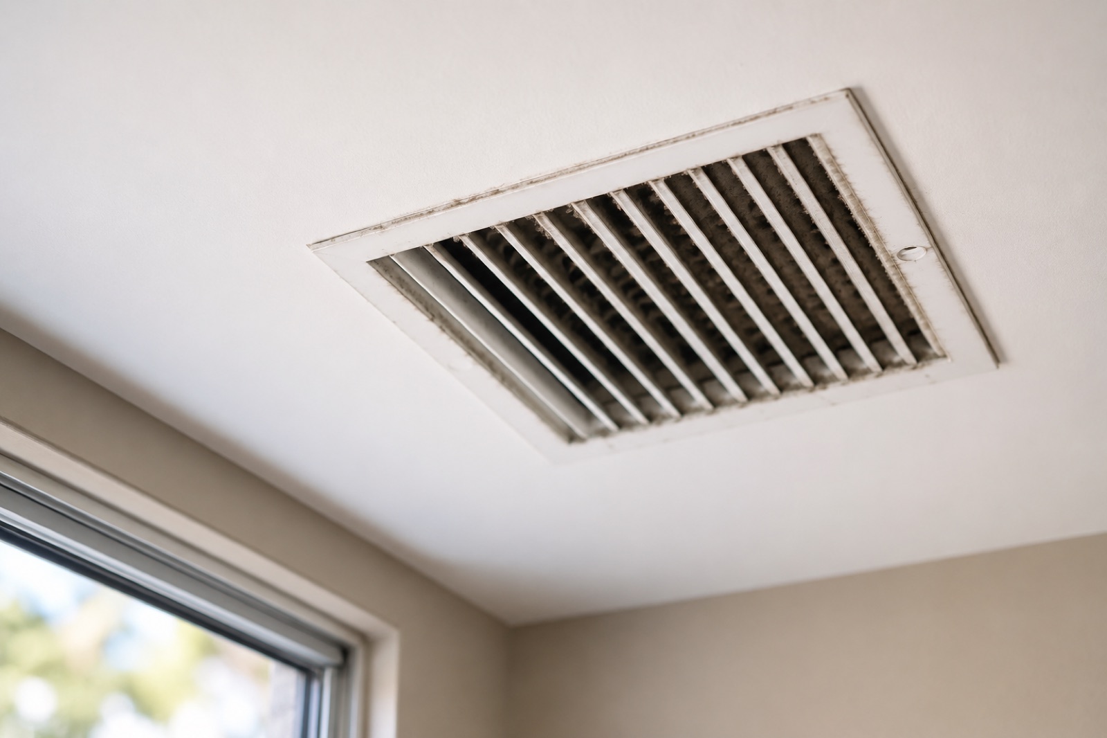 Close-up of a ceiling air vent in a Los Angeles home with visible dust buildup around the edges