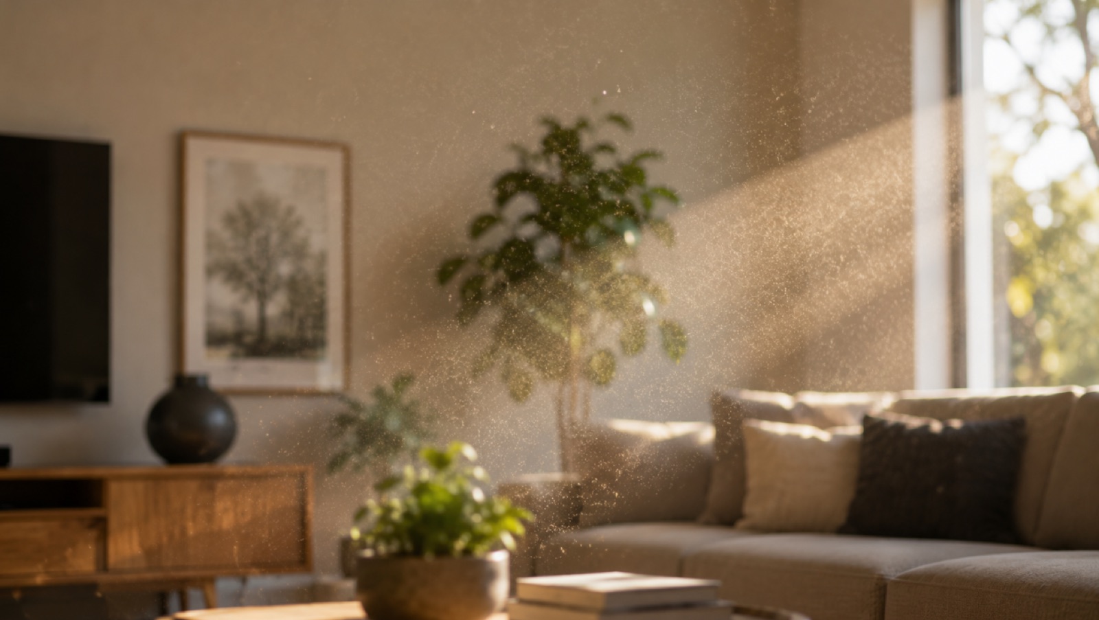 Sunlight passing through a window highlighting airborne dust particles and indoor air pollutants in a home