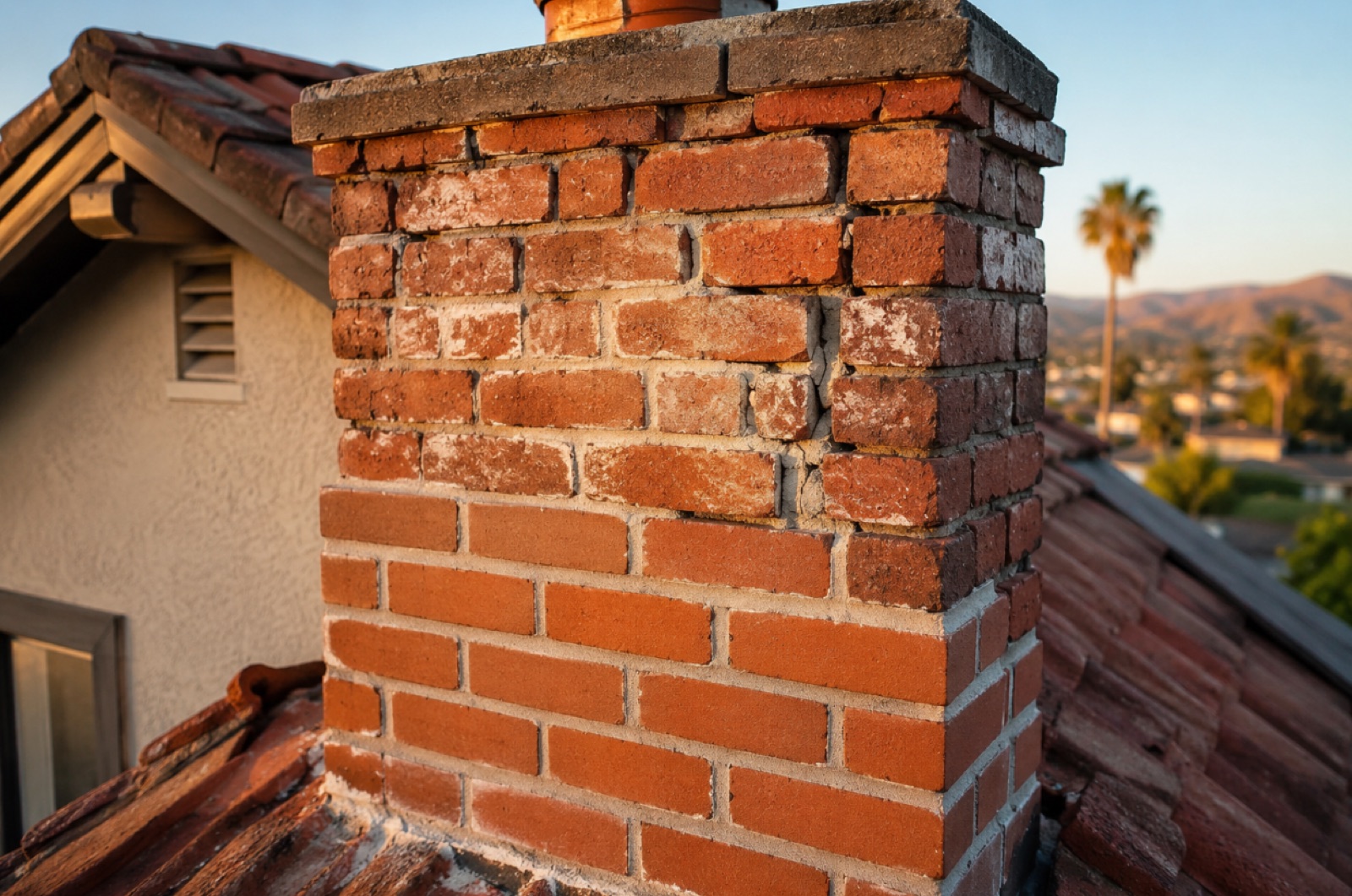 Brick masonry chimney repair and repointing on residential home in Los Angeles