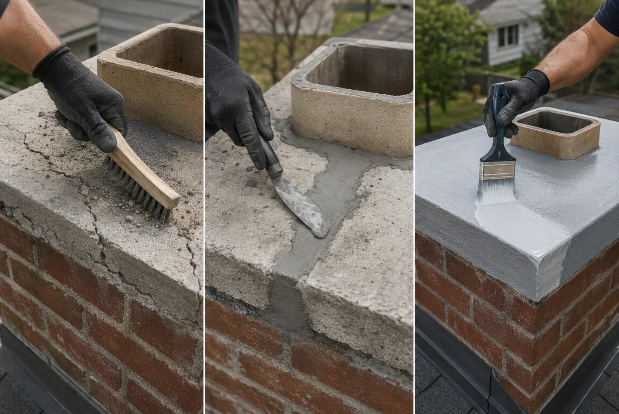 Chimney crown repair process showing crack cleaning, mortar repair, and waterproof sealing