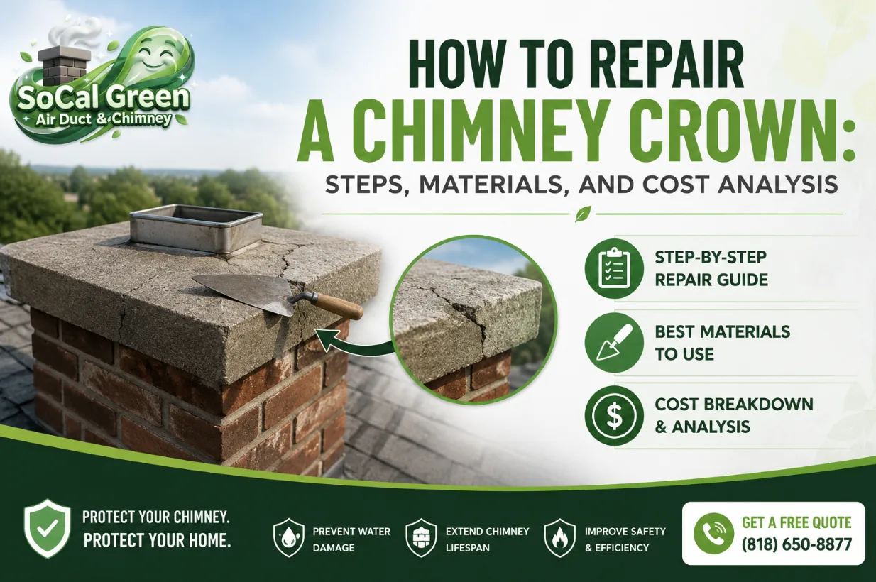 Featured image showing a cracked chimney crown with repair tools, repair steps, materials, and cost analysis by SoCal Green Air Duct & Chimney.