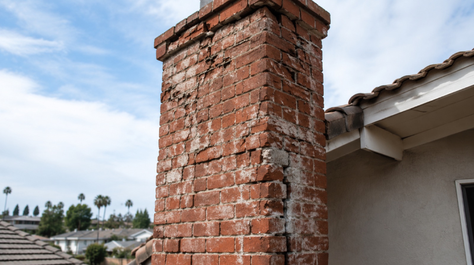 Ultra-realistic inspection photo of a damaged residential brick chimney on a modern Los Angeles stucco home with tiled roof, showing cracked mortar joints, flaking red bricks, brick displacement, and white efflorescence staining under soft natural daylight