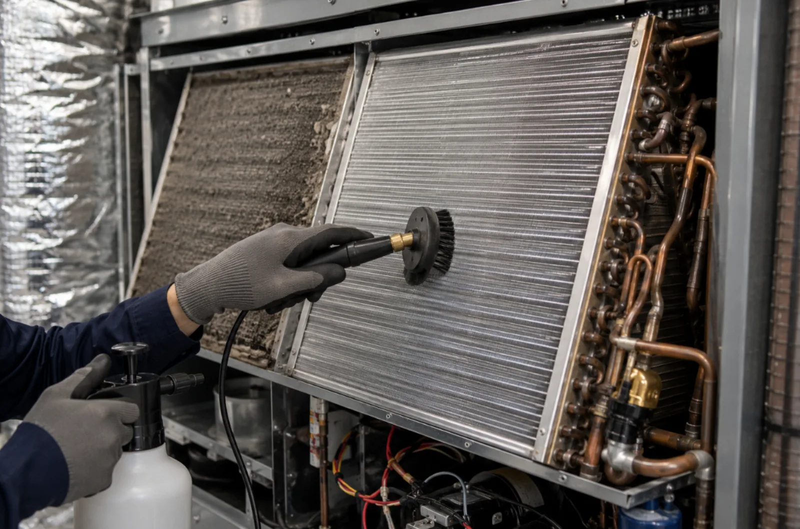 Dirty evaporator coil compared with a professionally cleaned coil showing improved AC efficiency.