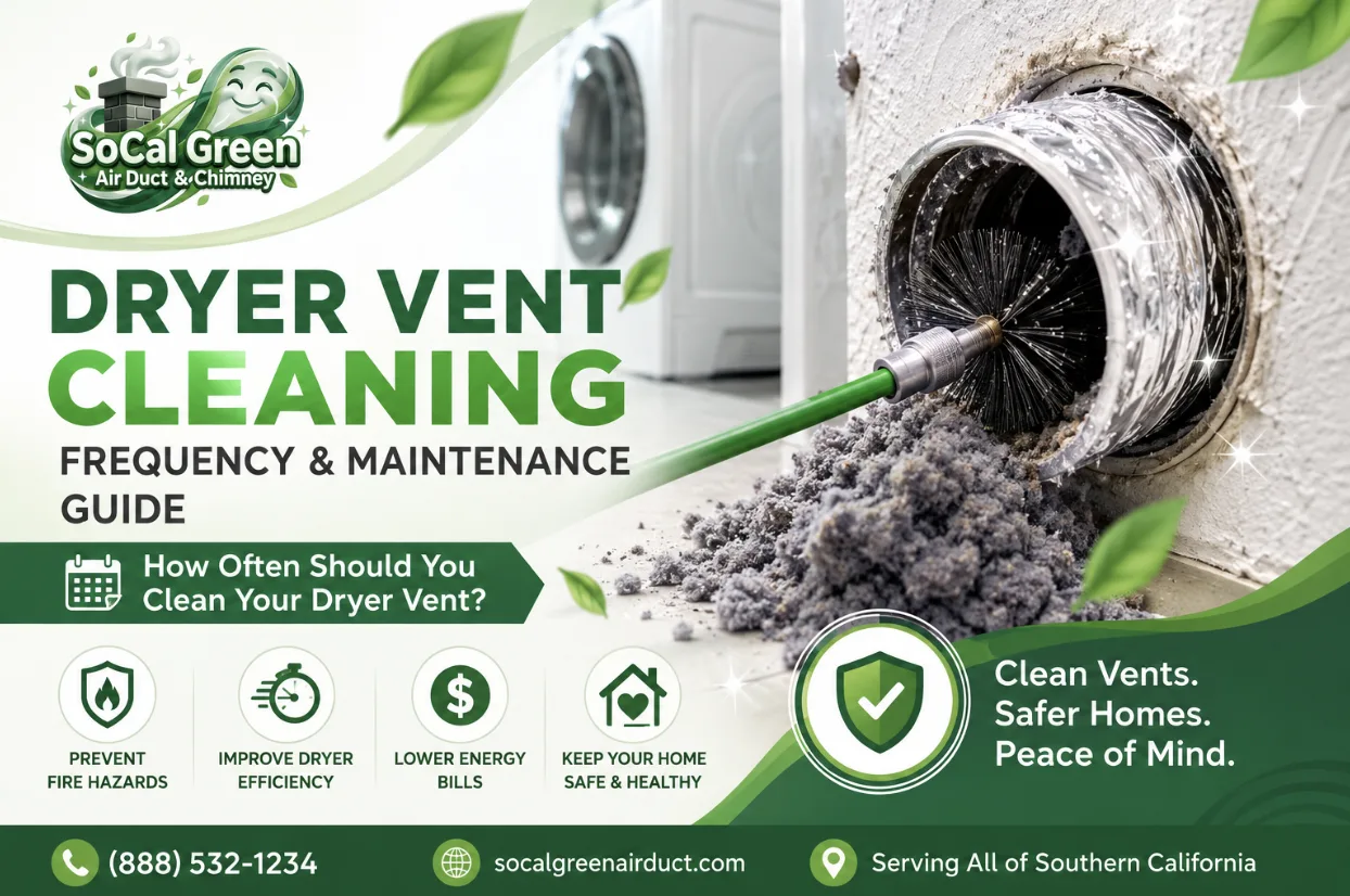 Professional dryer vent cleaning with rotary brush removing lint buildup from a residential dryer vent for the SoCal Green Air Duct & Chimney dryer vent cleaning frequency and maintenance guide.