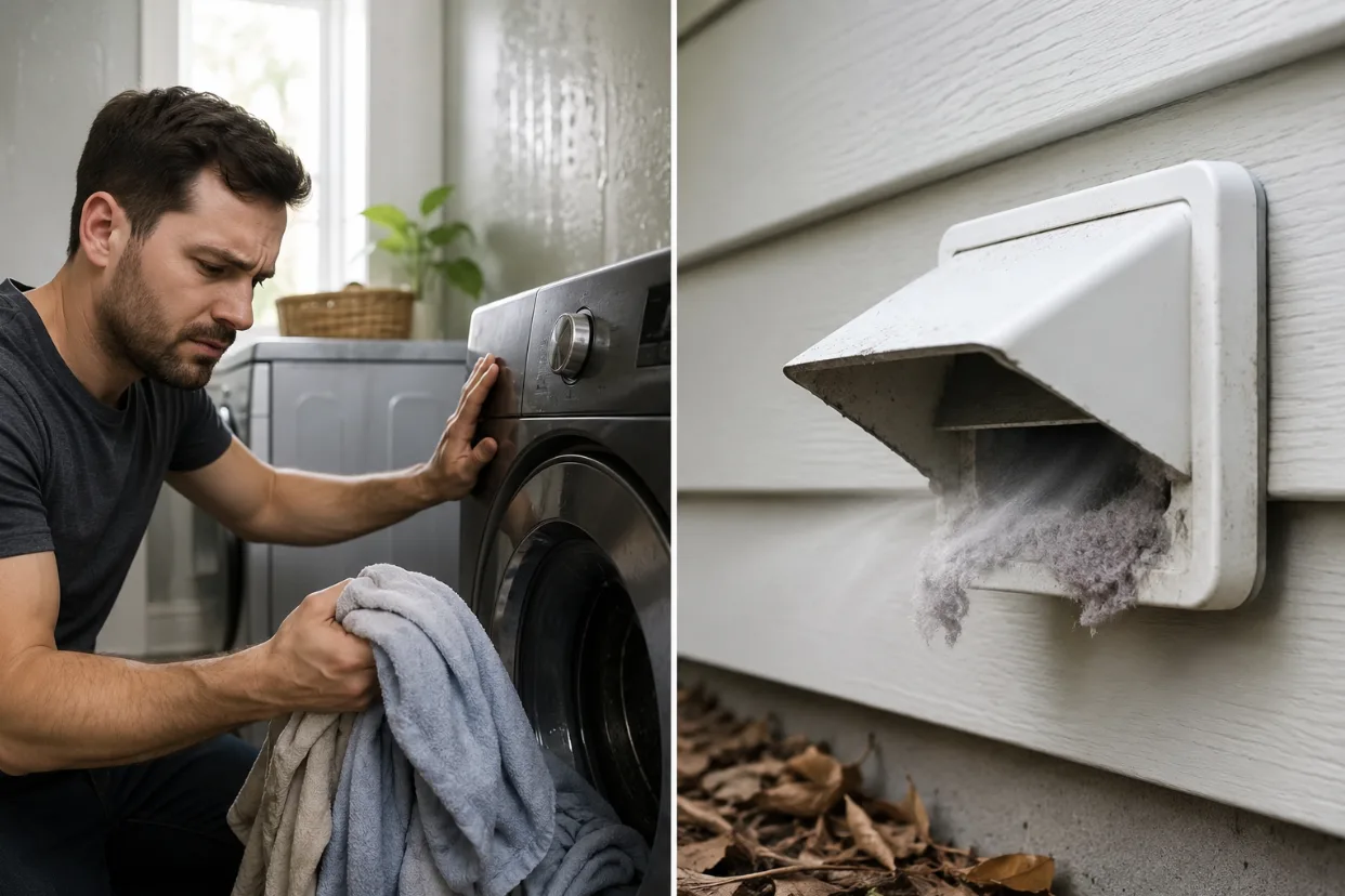 Homeowner checking damp clothes and touching a hot front-loading dryer beside an exterior dryer vent hood with lint buildup and weak airflow, showing common warning signs of a clogged residential dryer vent.