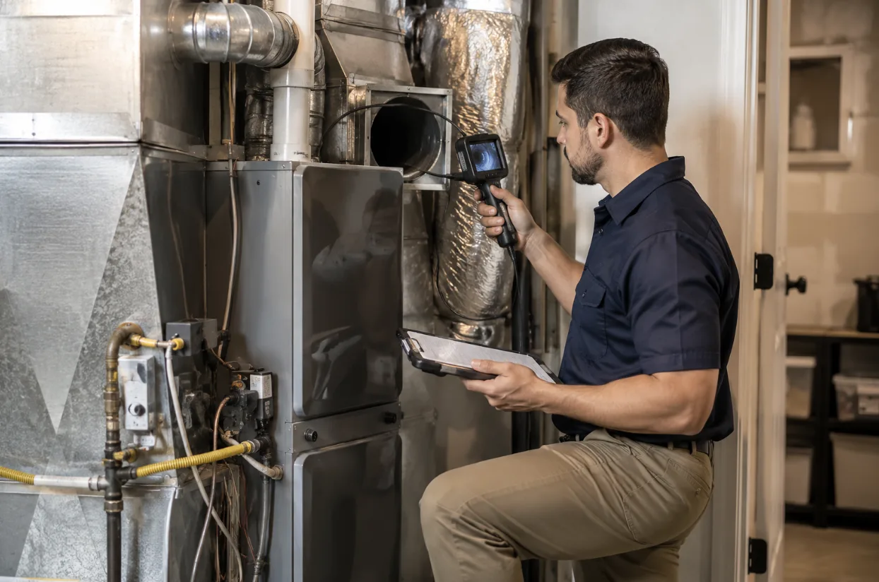 Professional HVAC technician inspecting a residential furnace and air duct system with a digital inspection camera and tablet before providing a duct cleaning estimate in a modern utility room.