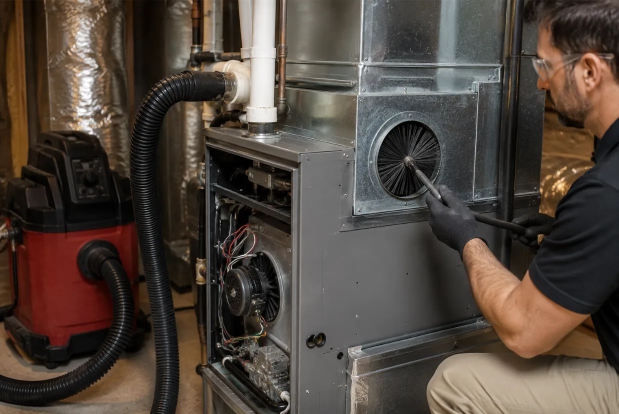 HVAC technician performing professional furnace duct cleaning using a rotary brush and HEPA negative-air vacuum machine with the furnace cabinet open, showing clean blower components and metal duct connections in a residential utility room.