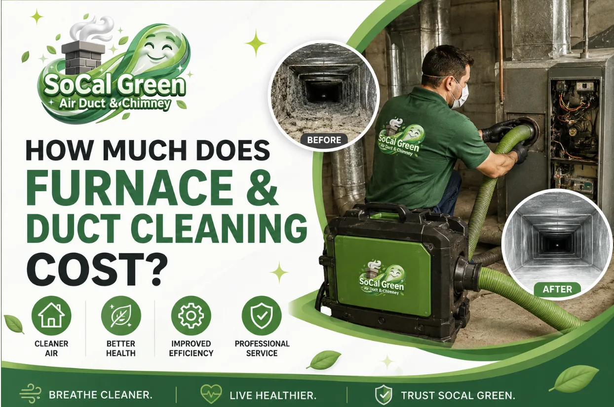 Professional furnace and air duct cleaning technician servicing a residential HVAC system with SoCal Green Air Duct & Chimney branding, illustrating the cost, process, and benefits of furnace and duct cleaning.
