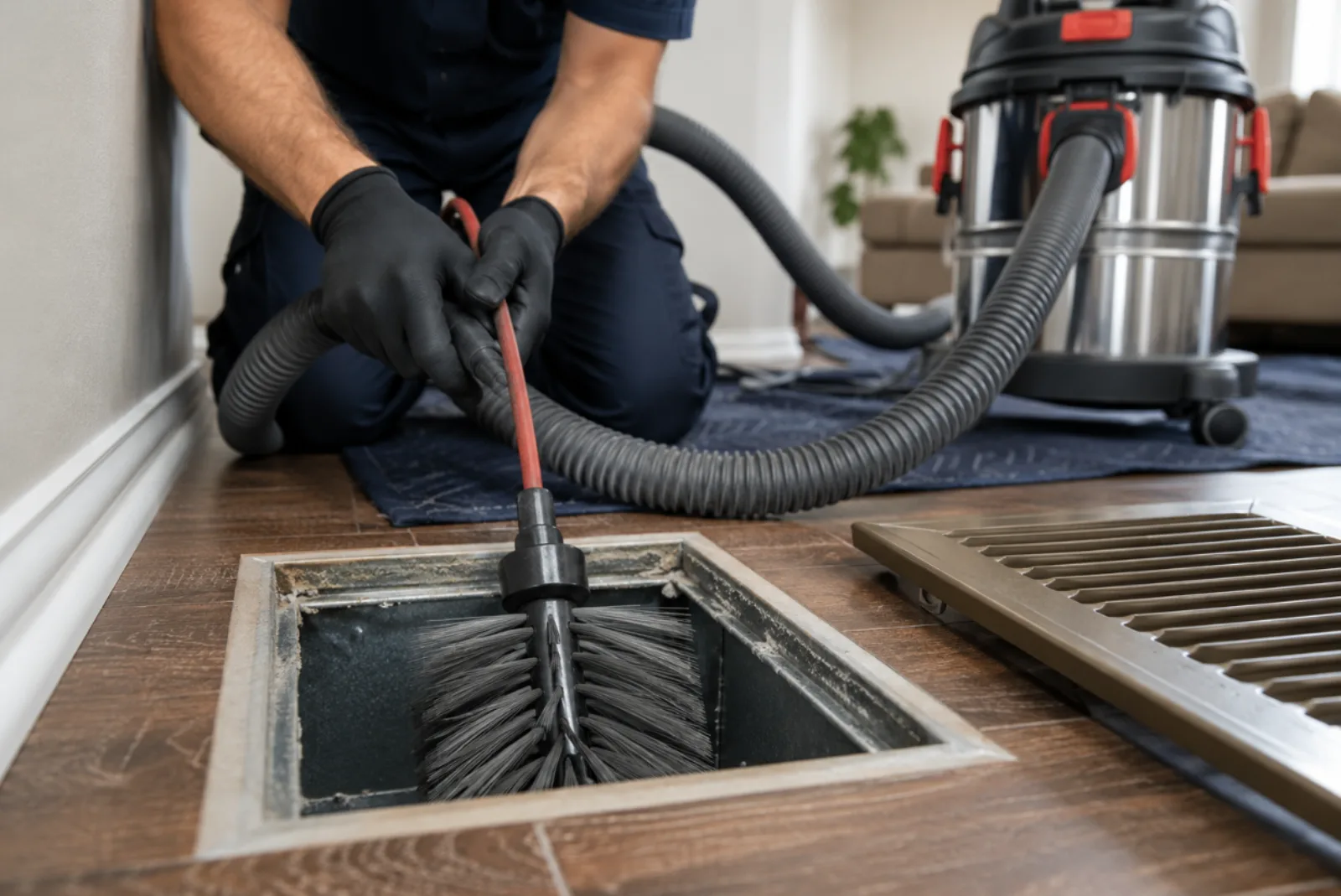 Professional technician performing HEPA air duct cleaning with negative-pressure vacuum system