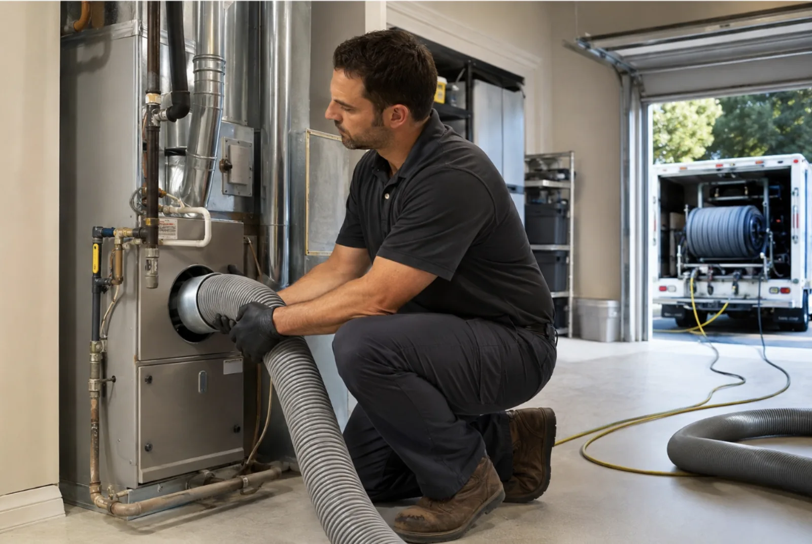 HEPA-filtered air duct cleaning system keeping dust contained during HVAC cleaning