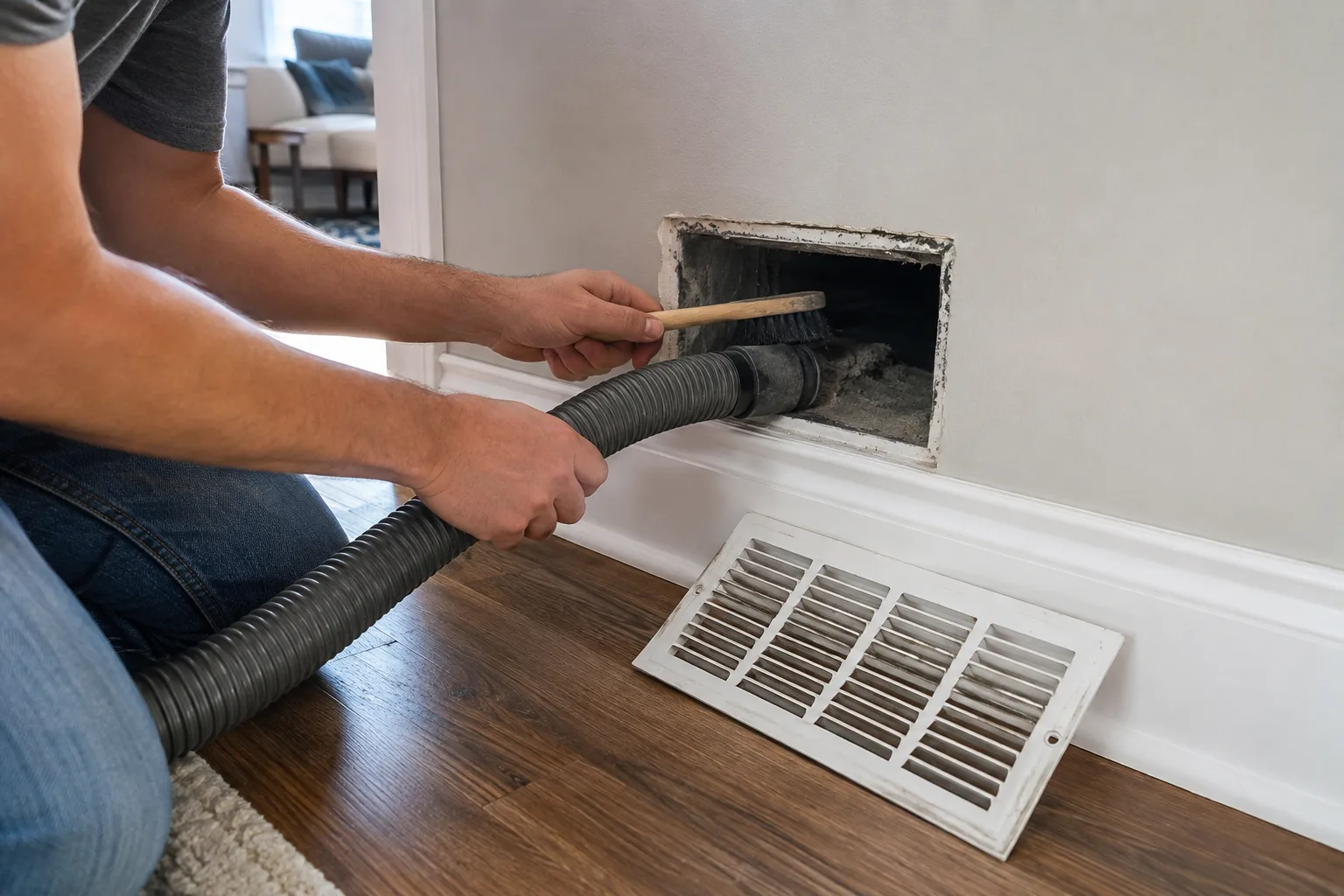 Homeowner vacuuming and brushing an accessible HVAC air duct