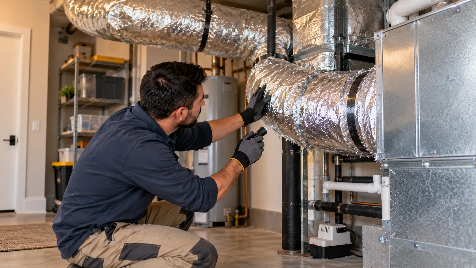 Technician assessing the condition of older residential ductwork.