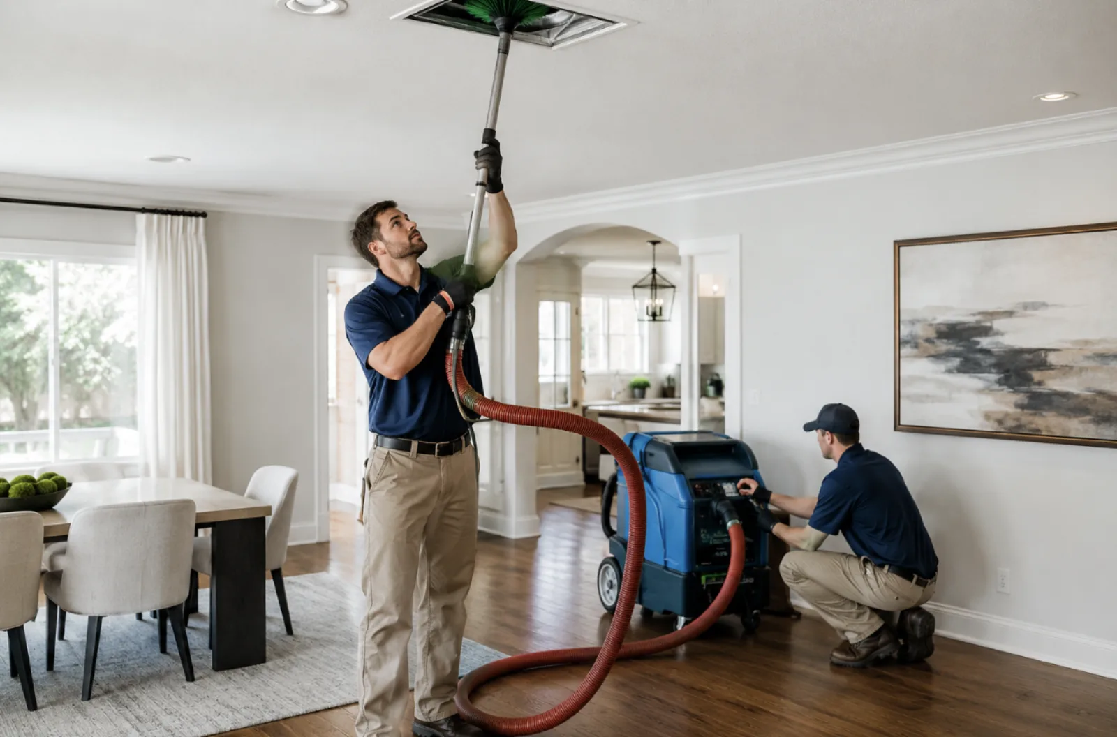 Professional technician cleaning residential air ducts with HEPA vacuum system during whole-house air duct cleaning