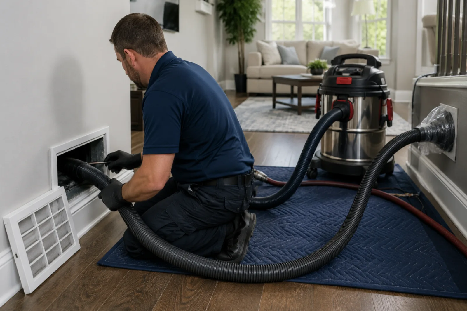 Technician cleaning residential HVAC ducts using rotary brushes and negative-pressure equipment