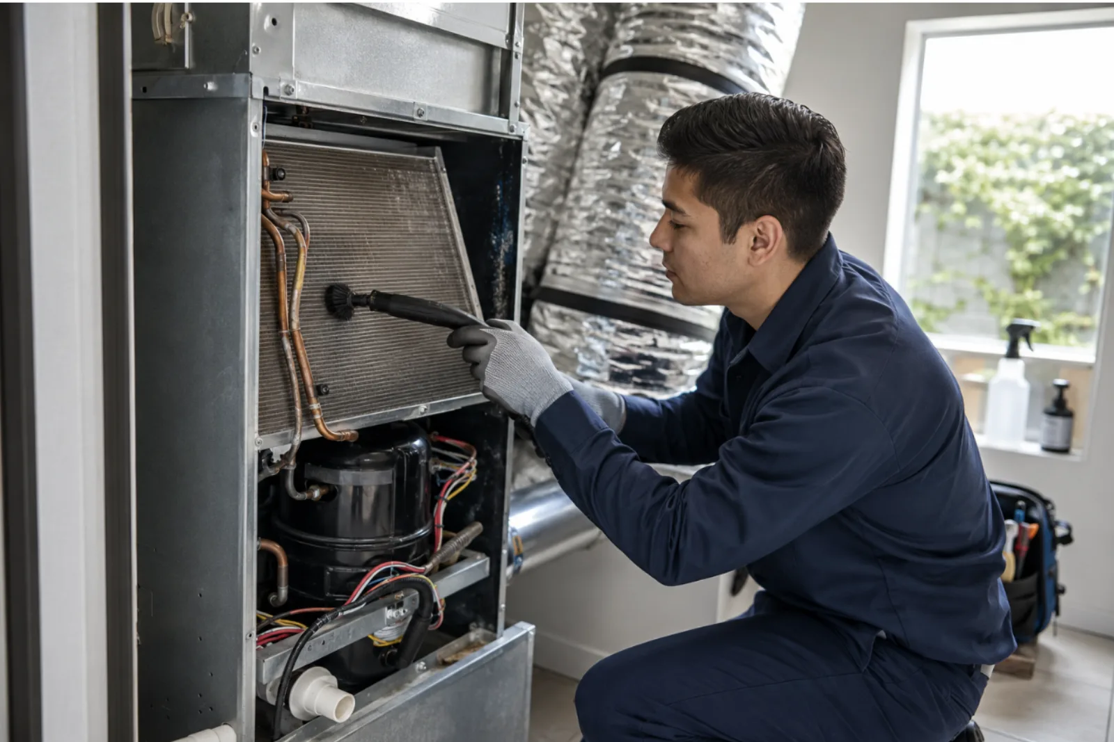 Professional HVAC technician cleaning an AC air duct and evaporator coil to improve cooling efficiency and lower electricity bills.