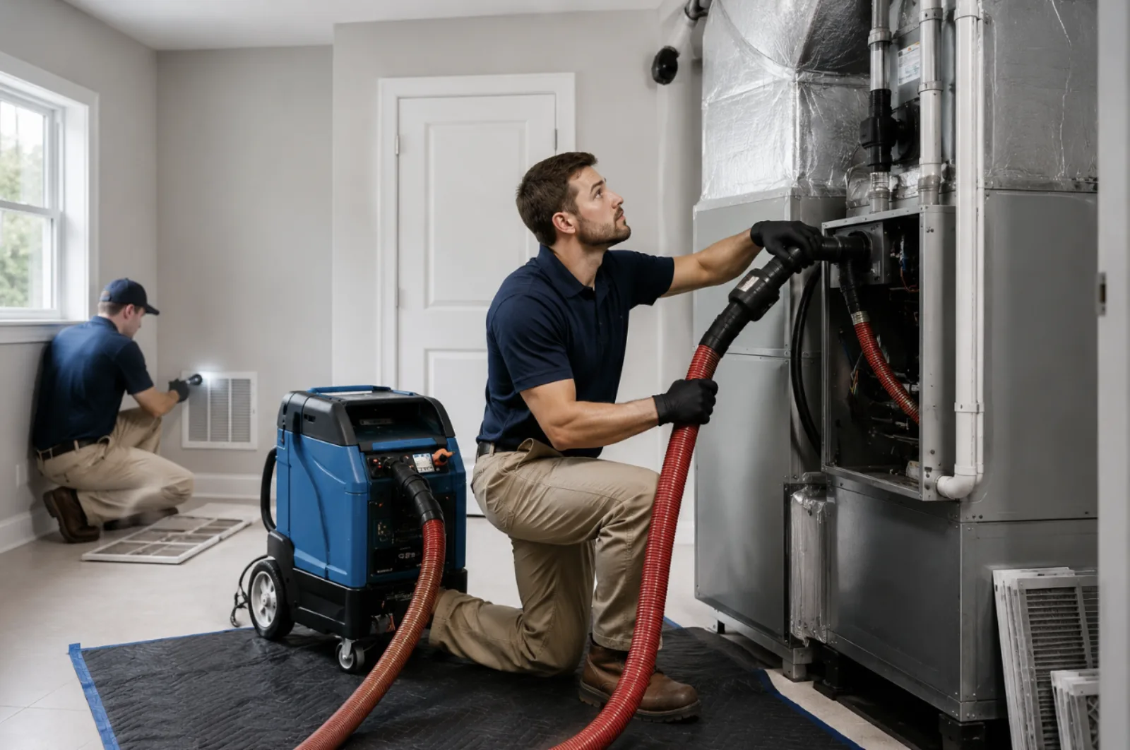 Professional HVAC technician inspecting and cleaning air duct system connected to a home furnace