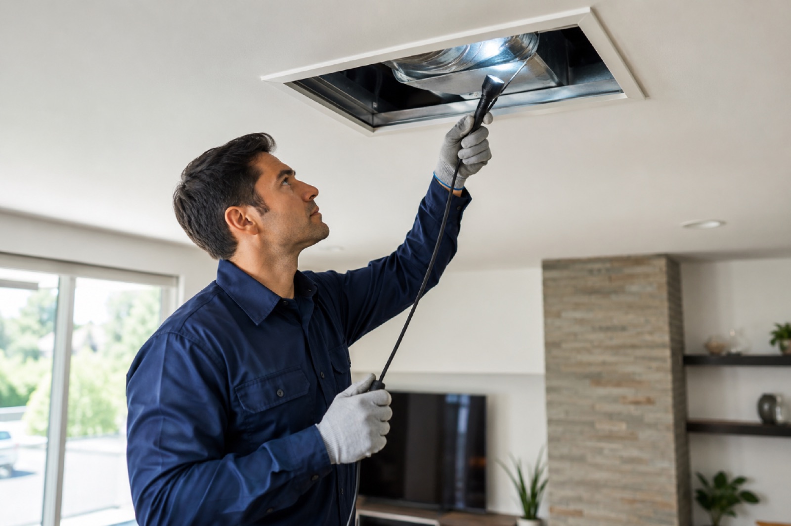 Professional HVAC technician inspecting air ducts inside a modern Los Angeles home