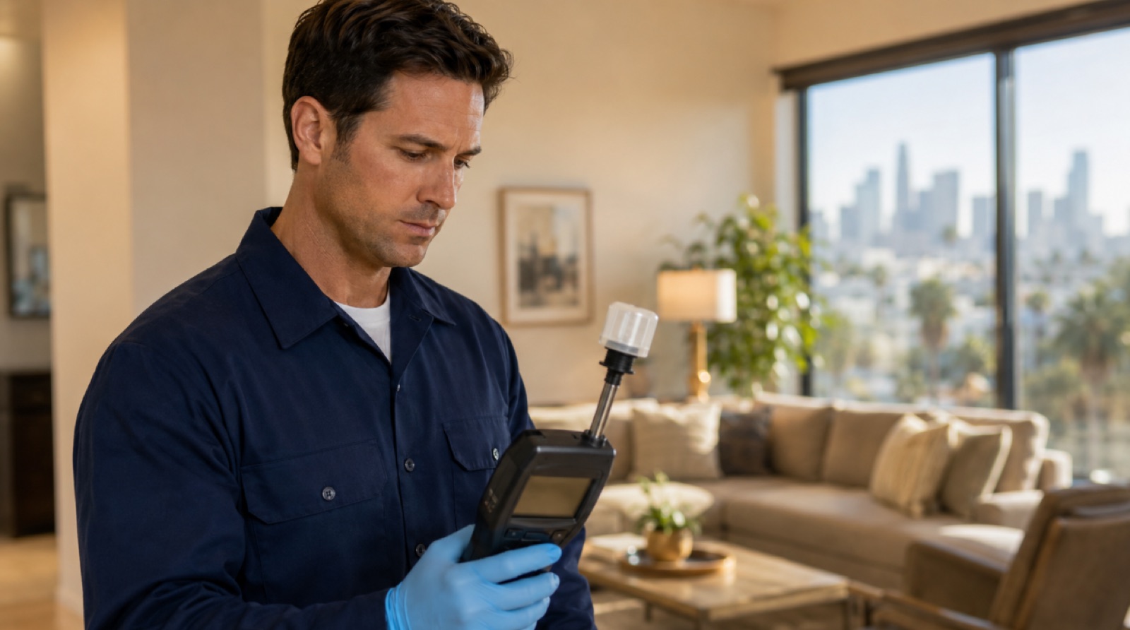 Technician using a calibrated air sampling device inside a Los Angeles home for indoor air quality testing