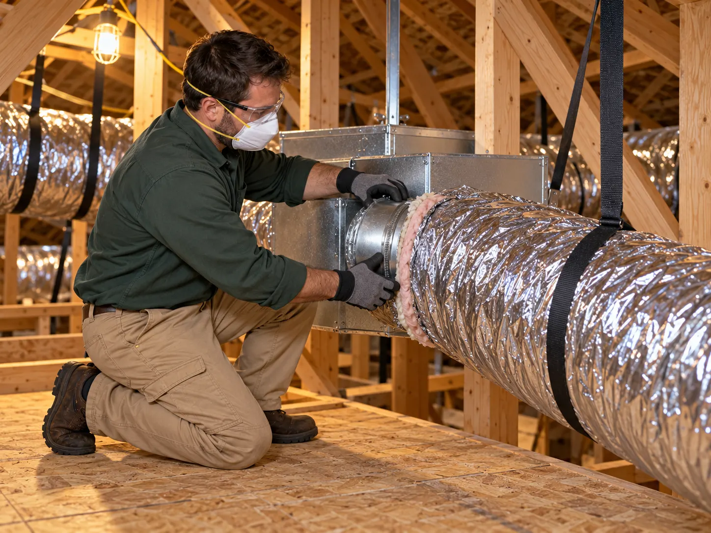 Technician fitting a replacement section of insulated ductwork.