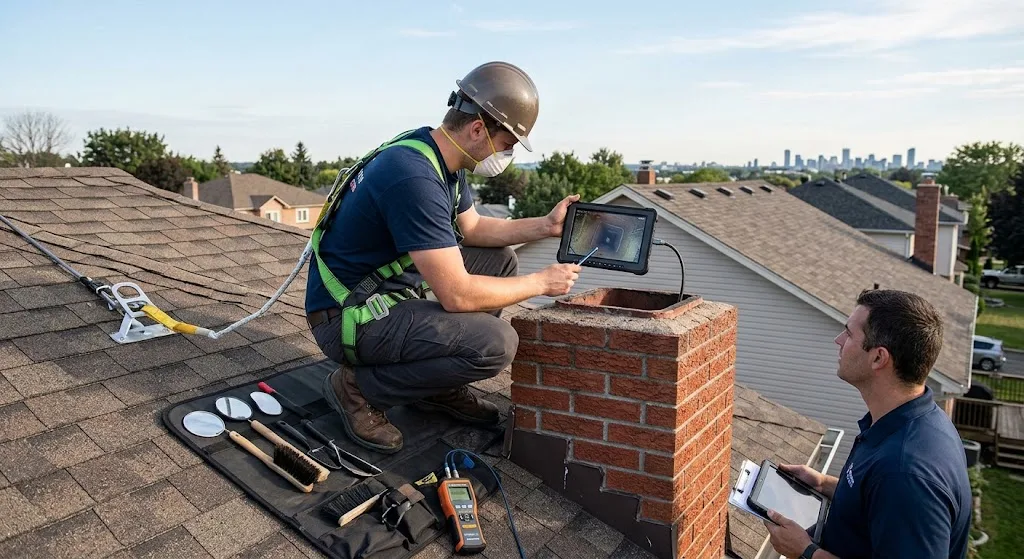 Professional chimney inspection checking chimney cap for structural damage