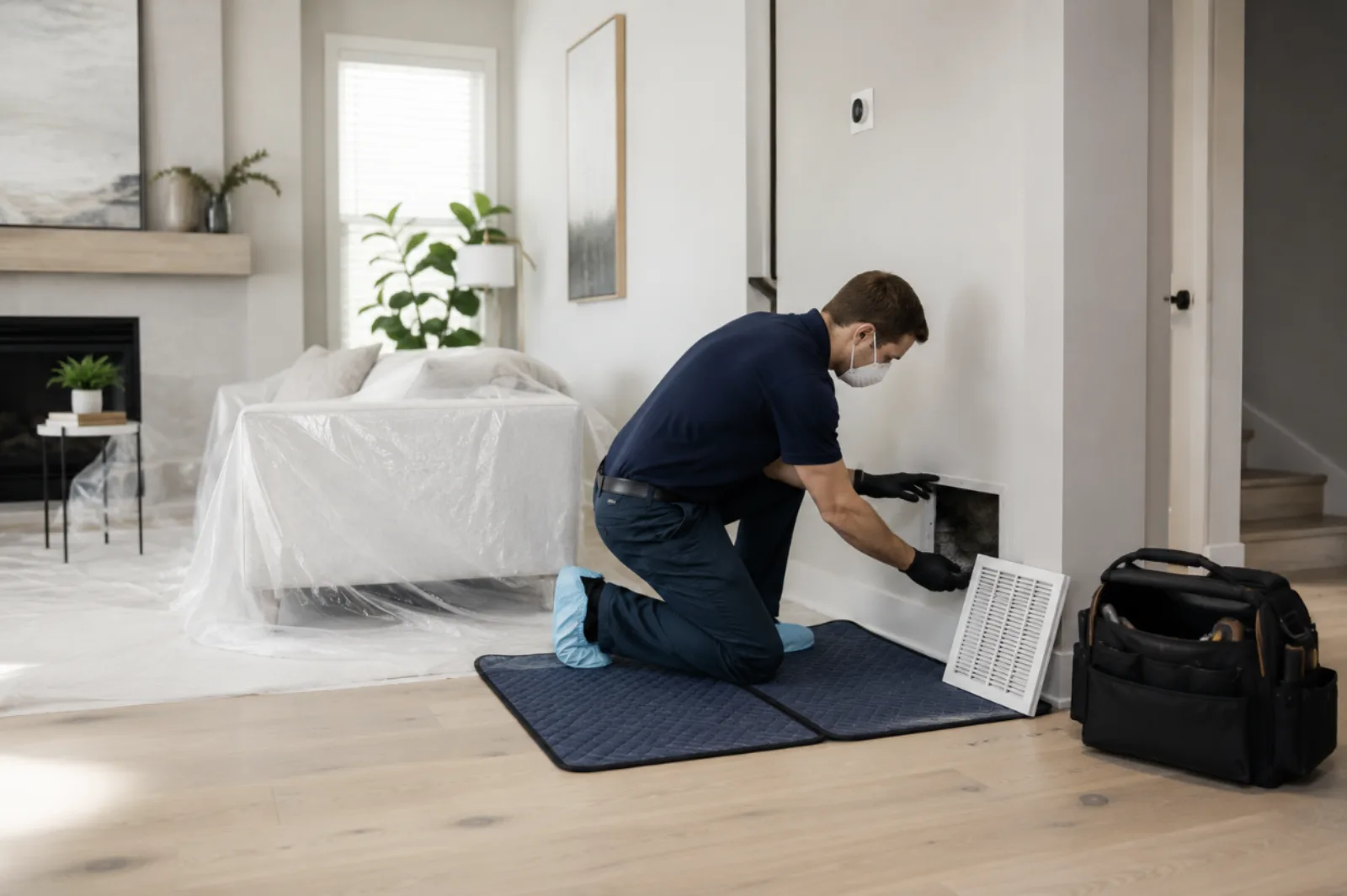 Clean and controlled HVAC service environment showing technician maintaining dust-free home during duct inspection