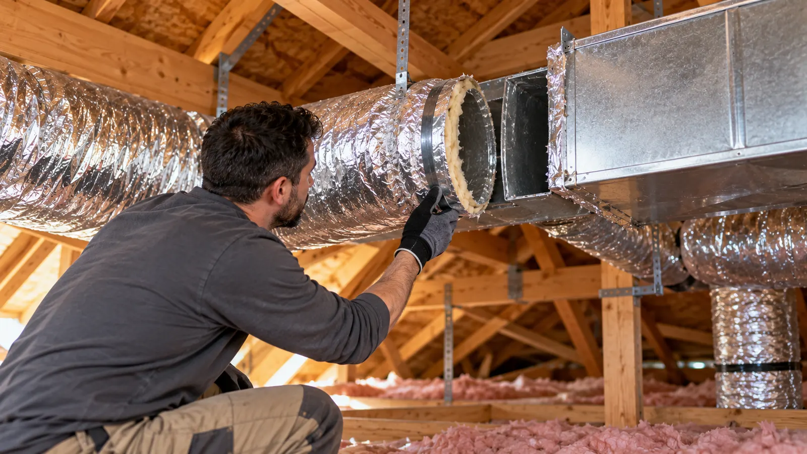 Technician examining a disconnected residential duct joint.