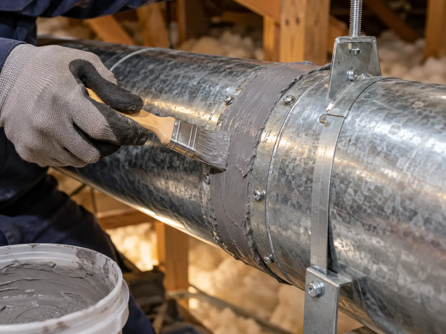Technician sealing a residential ductwork joint.