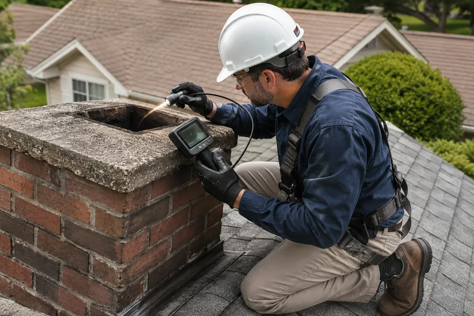 Technician performing a chimney inspection on a residential rooftop