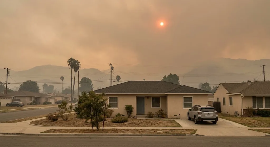 Wildfire smoke haze over a San Fernando Valley neighborhood