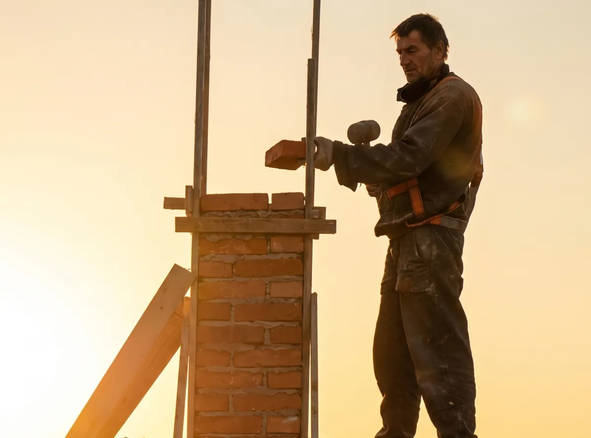A skilled mason silhouetted against the sun while rebuilding a brick chimney on a Los Angeles home.