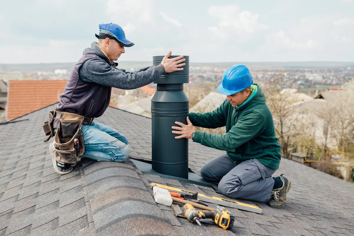 Two professional technicians in hard hats performing expert chimney crown masonry repair on a residential rooftop overlooking Los Angeles.