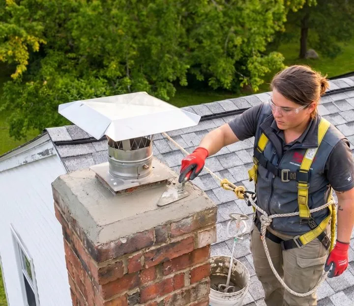 A professional masonry expert using a trowel to apply a protective crown seal to a brick chimney on a Los Angeles home.
