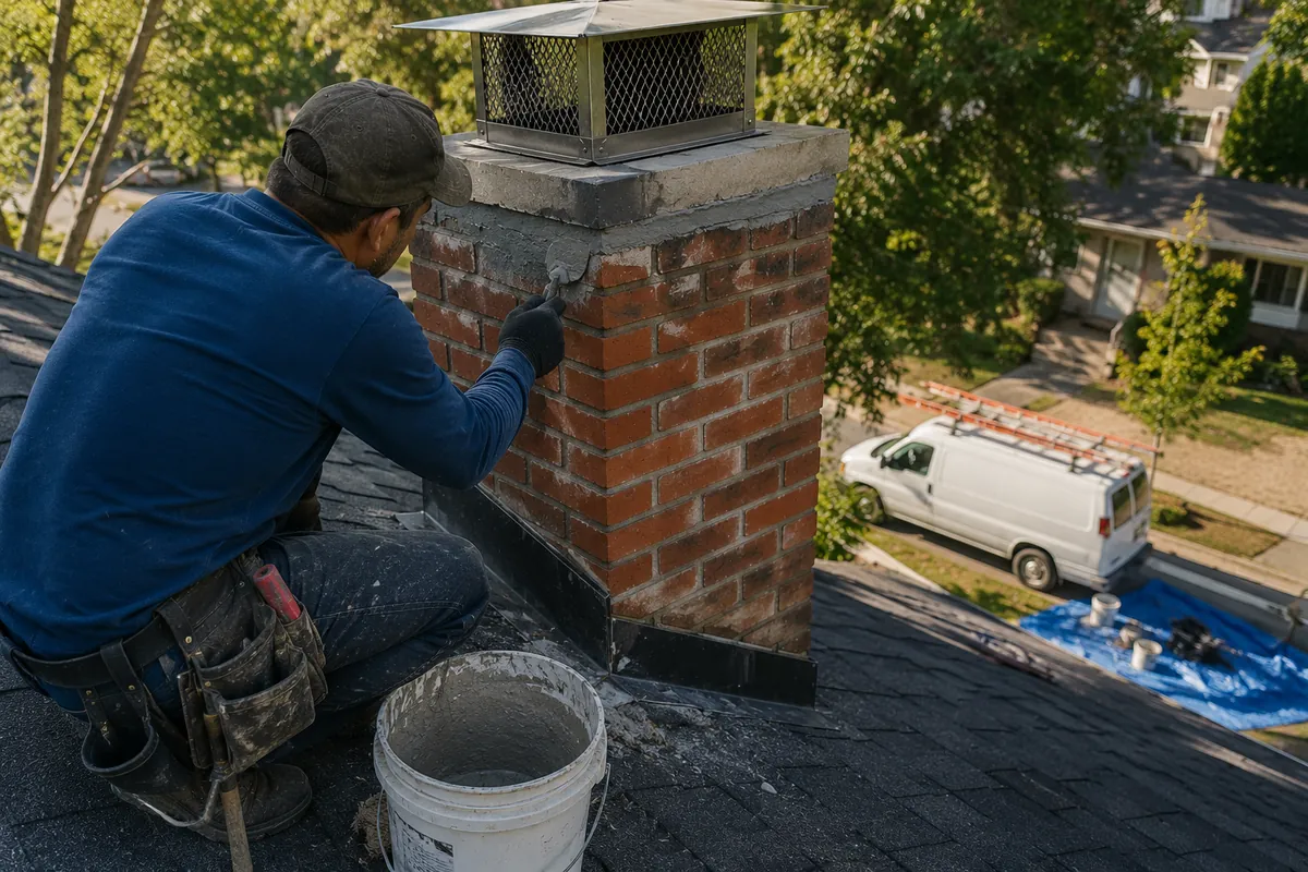 A professional technician performing chimney leak repair by applying fresh mortar to seal a brick chimney on a Los Angeles residence.