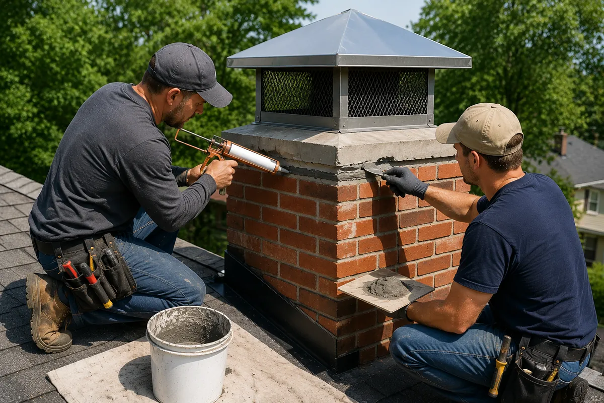 Two professional technicians performing chimney leak repair by applying waterproof sealant and masonry mortar to a brick chimney in Los Angeles.