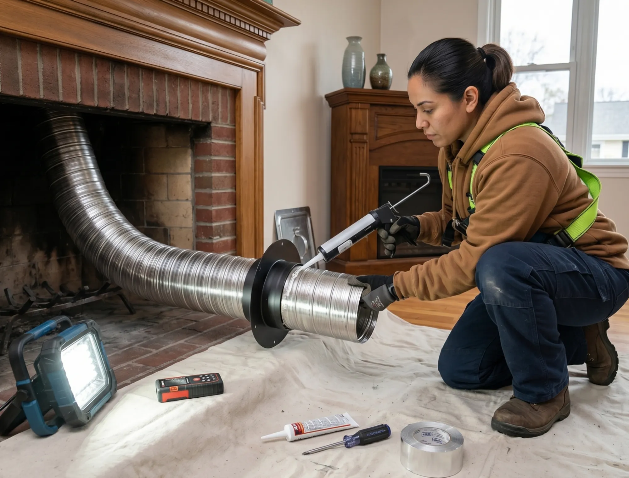 A professional technician applying high-temperature sealant to a new stainless steel chimney liner connection inside a Los Angeles home fireplace.